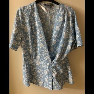 Primark Light Blue Floral Wrap Blouse with White Print